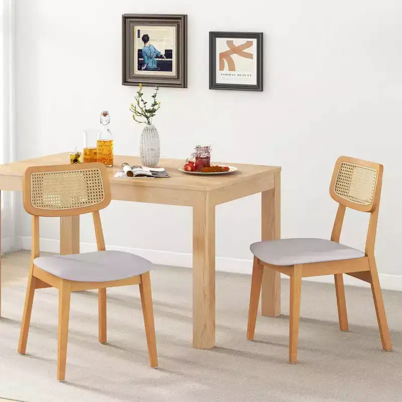 Costway Wooden Rattan Dining Chair Set of 2/4 with Can Back Rubber Wood Frame Padded Seat