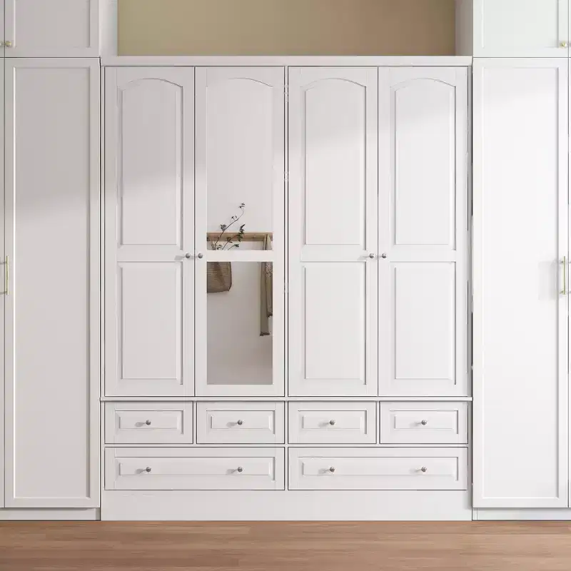 Famapy 3-Door Wardrobe with Mirror,6 Drawers,Adjustable Shelves and Recessed Top Storage Armoire for Bedroom