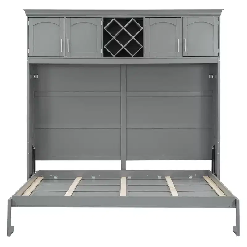CLIHOME Queen Size Murphy Bed Wall Bed with Top Cabinets & Wine Rack
