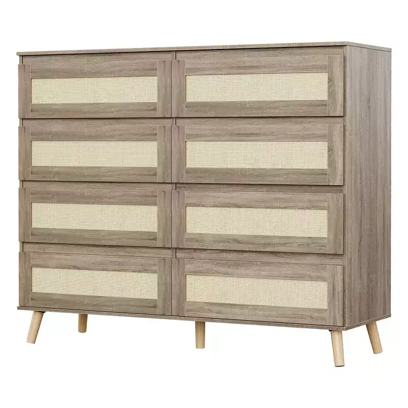 8-Drawer Rattan Dresser Natural Finish Wooden Storage Cabinet for Bedroom Nursery Living Room Entryway