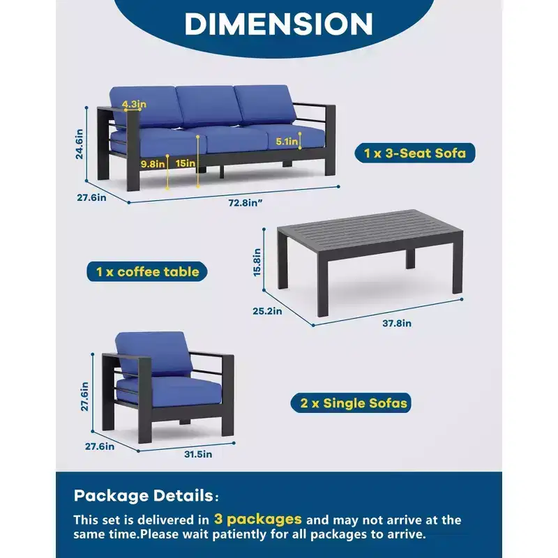 Blue 4-Piece Aluminum Patio Set C Outdoor Sectional Sofa with Coffee Table & Cushions
