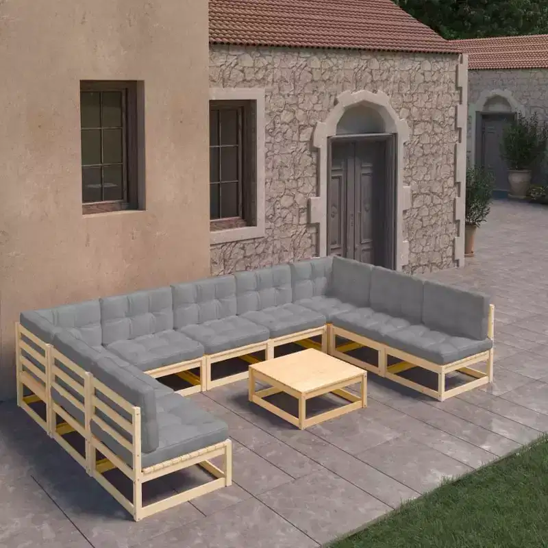 vidaXL 10 Piece Patio Lounge Set with Cushions Solid Wood Pine - Natural With Cushion