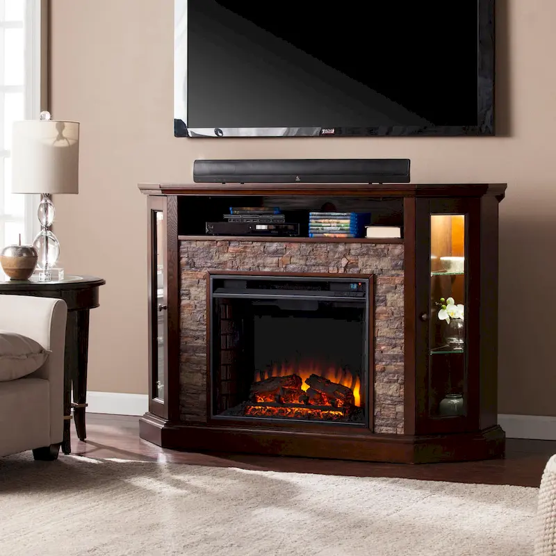 SEI Furniture Hermon Faux Stone Electric Fireplace Corner Media TV Stand for TV's up to 50