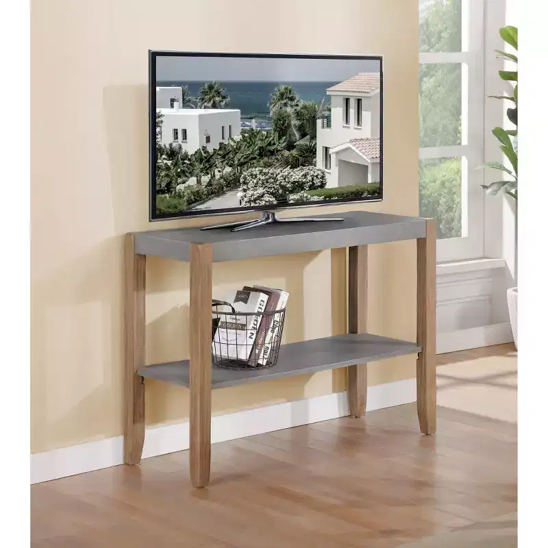 Alaterre Furniture 40" Davenport Faux Concrete and Wood Console Table Light Amber: Modern Entryway Furniture