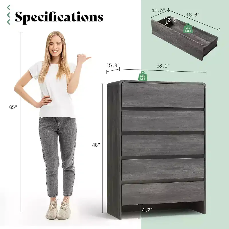 5-Drawer Modern Storage Dresser – Rounded Corners, Wood Grain, Easy Assembly