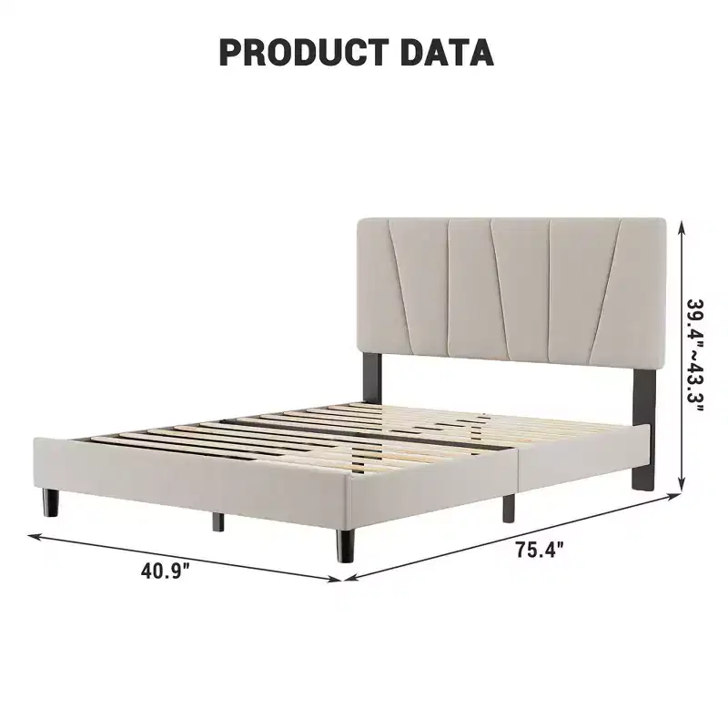 Twin Platform Bed Frame with Adjustable Linen Upholstered Headboard, Strong Wooden Slats, Mattress Foundation, No Box Spring Needed & Easy Assembly