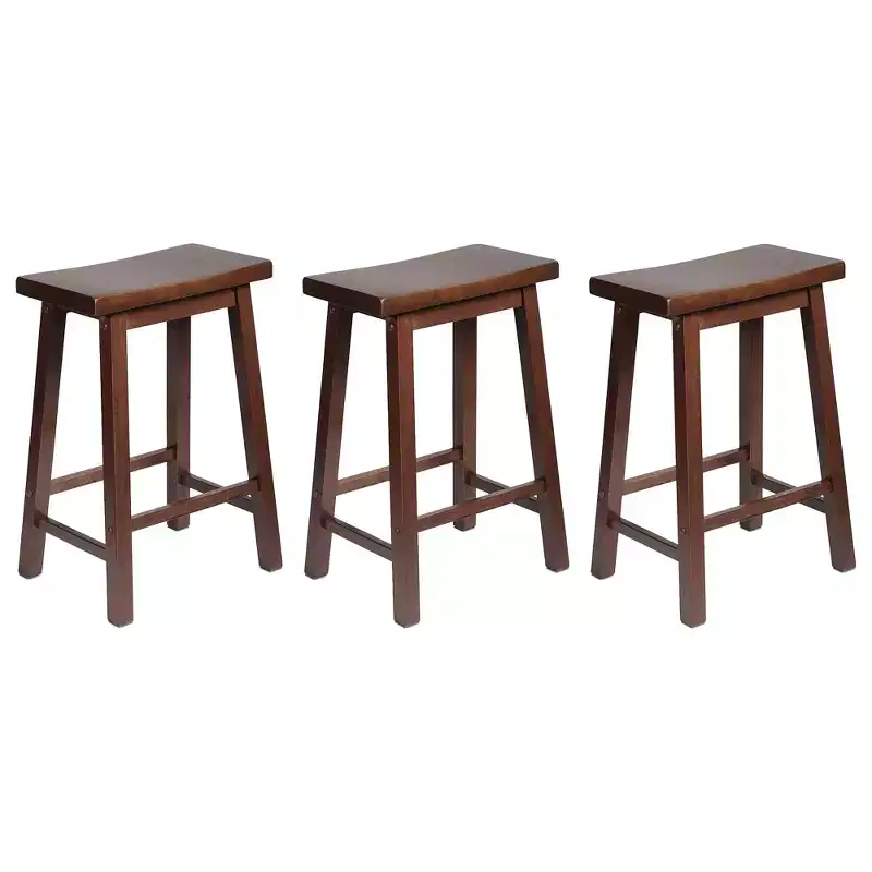 Classic Saddle-Seat 24'' Tall Kitchen Counter Stool for Homes, Dining Spaces, and Bars with Backless Seat, 4 Square Legs, Walnut (3 Pack)