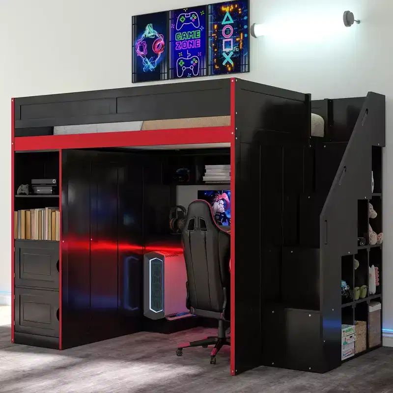 GDFStudio Barnes Gaming Loft Bed with Desk and Storage, LED Lights