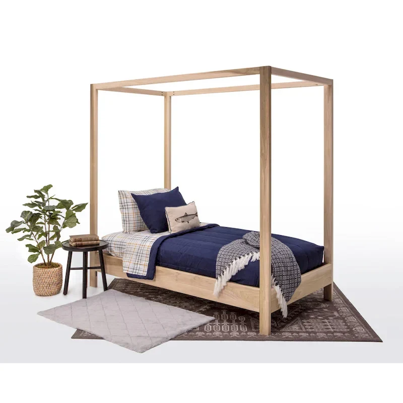 Natural Unfinished Wood Canopy Bed, Twin, 1-Person