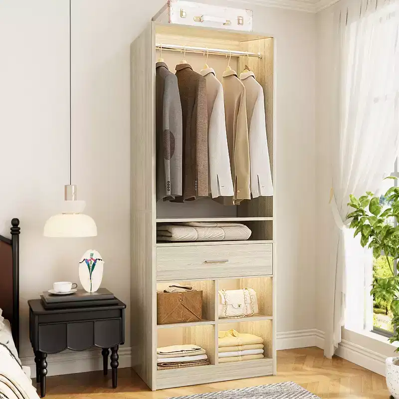 Besiost 25-In Closet Organizer with Wood Drawers and Cubbies, Freestanding Closet System with Hanging Rods