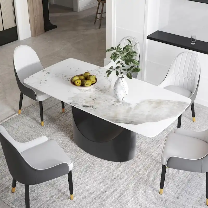 71 Black Marble Sintered Stone Table Top,Rectangle Dining Room Table with Unique U-Shape Black Carbon Steel Pedestal