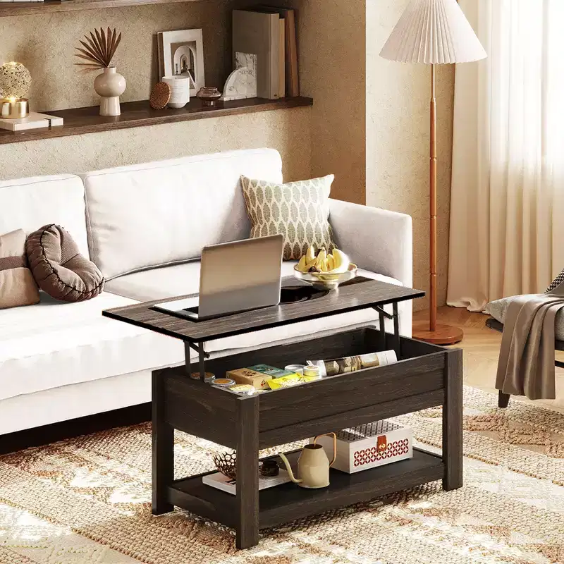 Espresso / Greige / Red-Brown / Rustic Brown Lift-Top Coffee Table with Hidden Compartment & Shelf, 1-Person