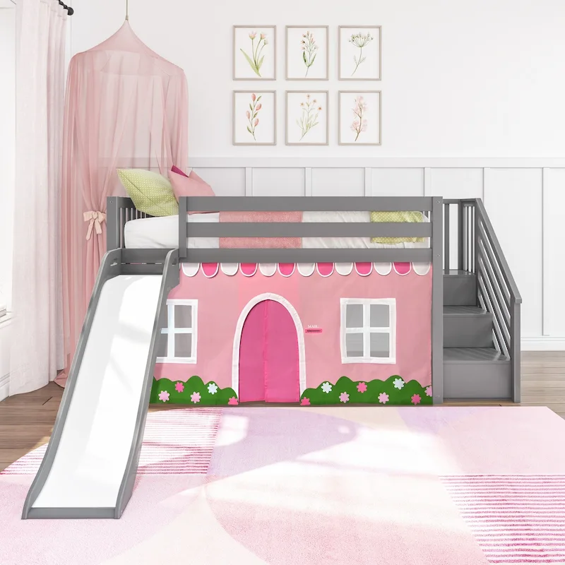 Classic Twin Low Loft with Stairs, Easy Slide and Curtain