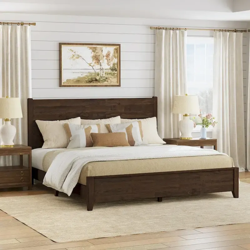Pine Platform Bed with Distressed Headboard, Solid Wood Queen Bed Frame/King Bed Frame/Full Bed Frame