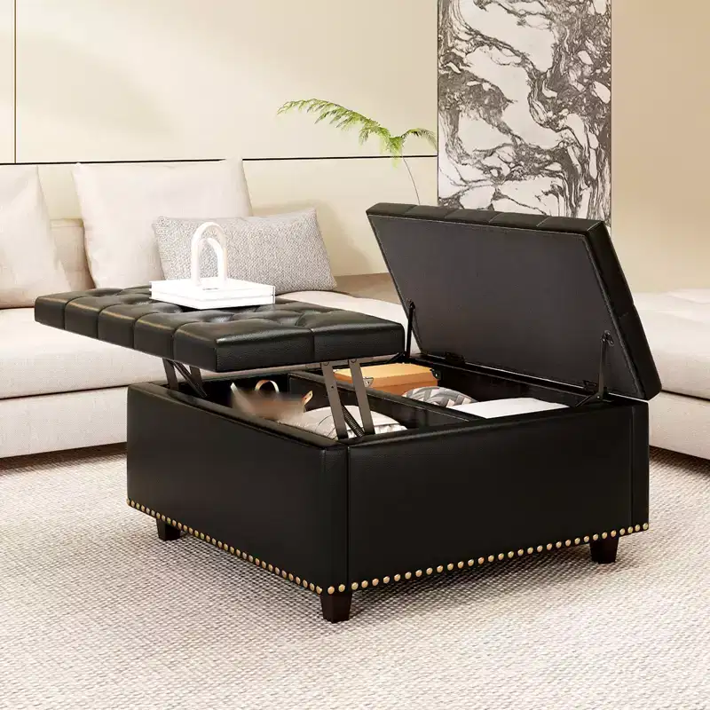 32 Leather Coffee Table Storage Ottoman, Square Lift-Top Ottoman Cube Bench, Large Square Storage Coffee Table