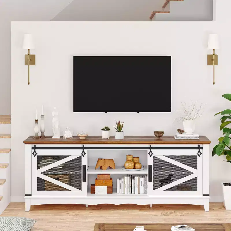 Modern Farmhouse TV Stand, Fits 75 TV - 65 White Entertainment Center with Sliding Barn Doors, Storage Compartments and Adjustable Shelves
