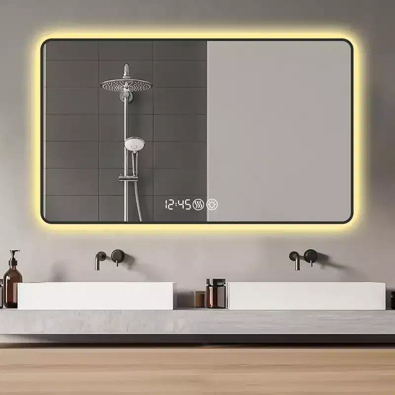 Whisen LED Bathroom Wall Mirror with Aluminum Alloy Frame and Defogging Function, Temperature & Time Display - Black