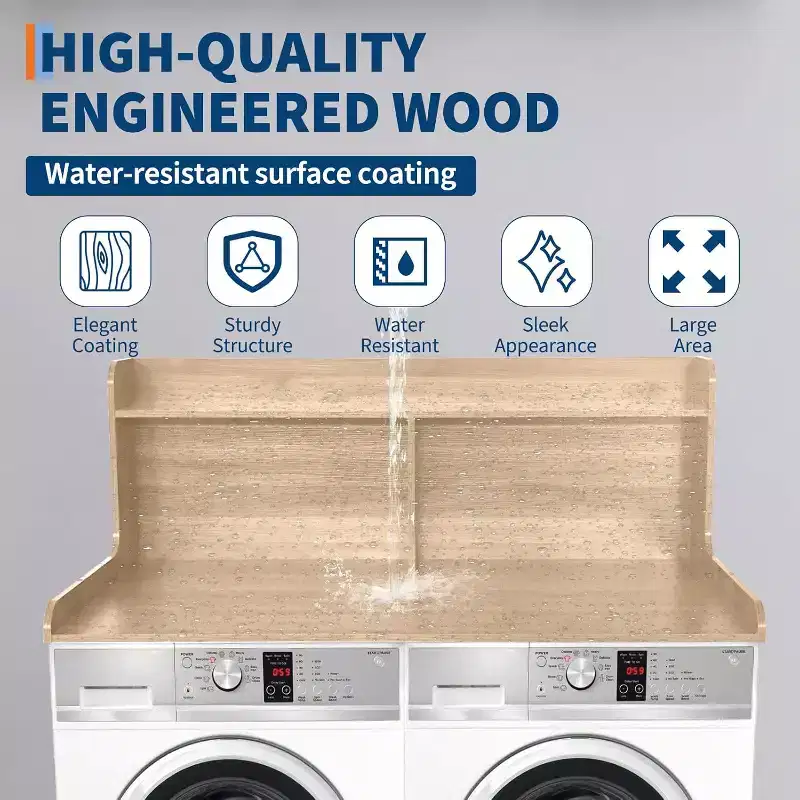 2-Tier Washer Dryer Countertop, 54 x 27.55 Wooden Washer Dryer Topper with Edge for Laundry Room Organization and Storage