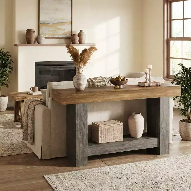 Farmhouse Console Table, 2-Tier Long Sofa Table with Open Storage, Wooden Narrow Entryway Table for Hallway Living Room, Behind Couch