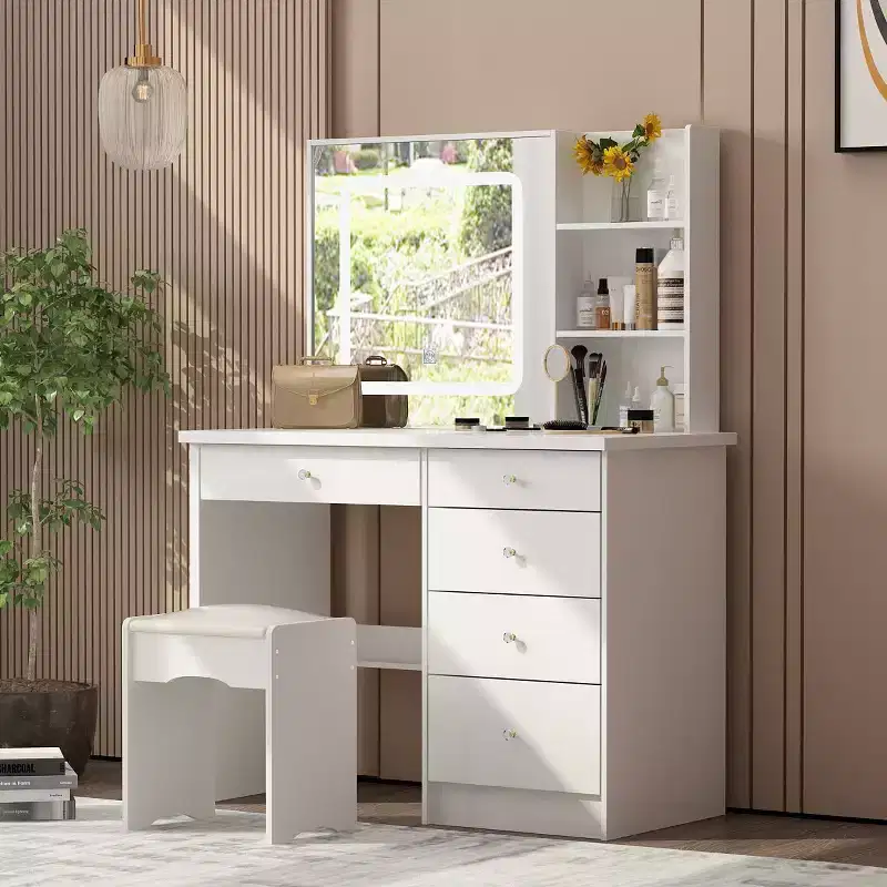 Famapy 39.4W Mirrored Vanity Table Makeup Vanity Set with Stool and Storage Drawers