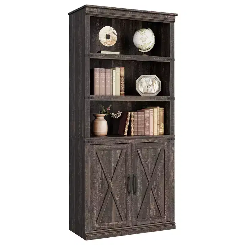 GustoWave 5 Tier Book Shelf, Farmhouse Book Case with Cabinet, 68.7 Tall Book Shelf with Storage Doors, Wooden 5 Shelf Book Case for Home Office