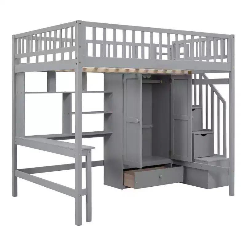 Wood Full Size Loft Bed with Bookshelf, Desk, Drawers & Wardrobe 94.4''L x 57''W
