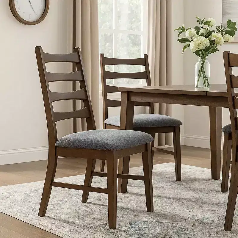 Royal Hampton Dining Side Chair Set of 2, Slatted, Dark Gray Linen Seat, Brown