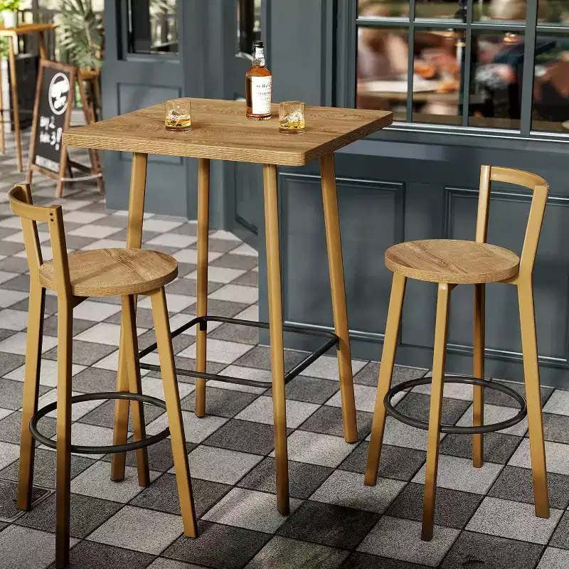 Lantine Bar Table and Chair Set, 39.4 H Square Bistro Pub Table with 2 Chairs, Bar Height Table for Dining, Cafe, Apartment, Balcony, Oak Color