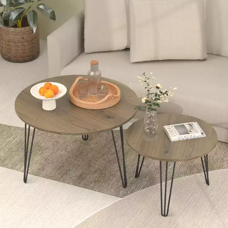 27.56 Round Nesting Table Set of 2, Rustic Brown Wood-Look Tops, Sturdy Metal Base, Space-Saving Accent End Tables