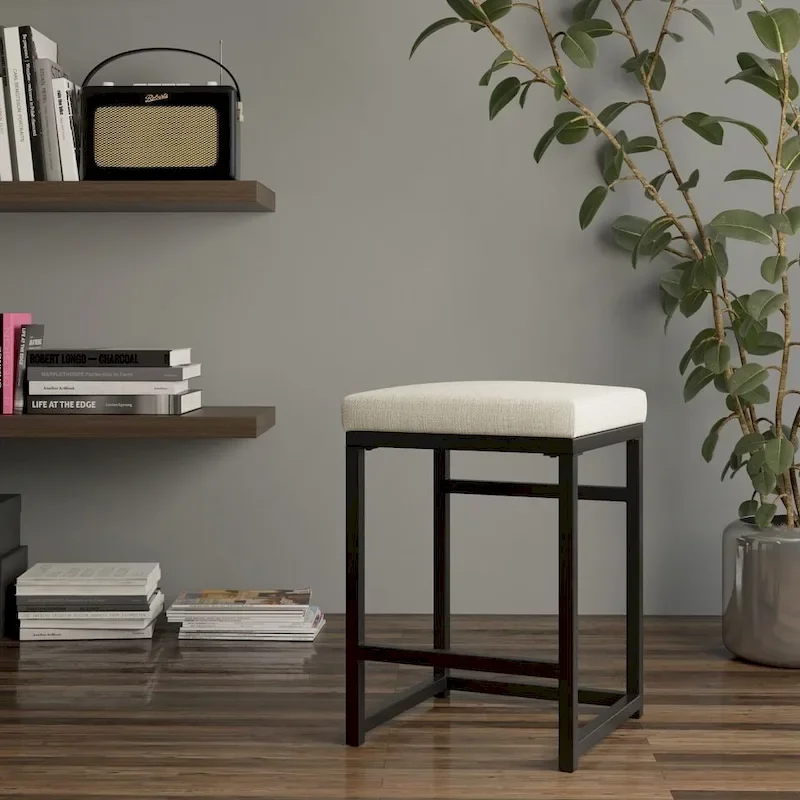 Backless Industrial Metal Counter Stool, 24in Seat Height, Textured Weave Fabric, Black Finish