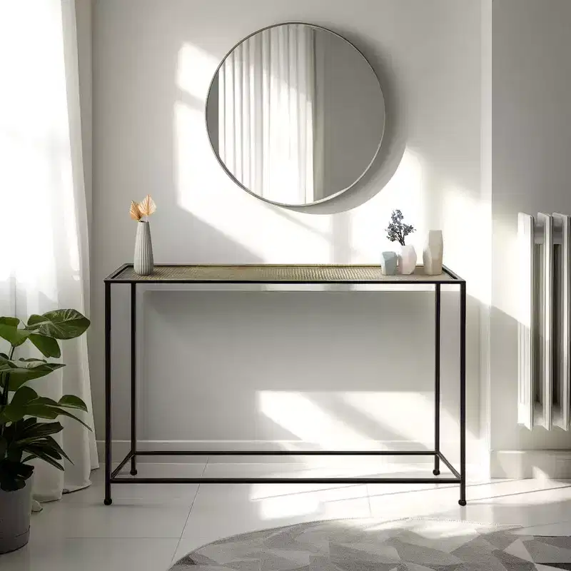 48 Inch Console Sofa Table, Artisanal Hammered Antique Bronze Tray Top, Industrial Black Iron Frame