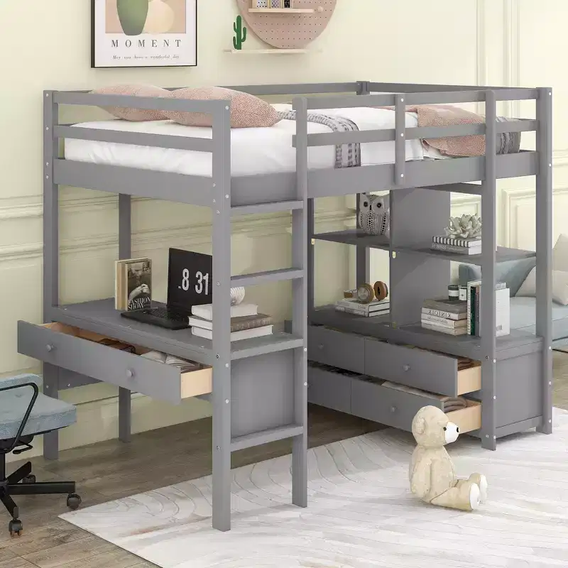Loft Bed with Built-In Desk, Storage Shelves and Drawers