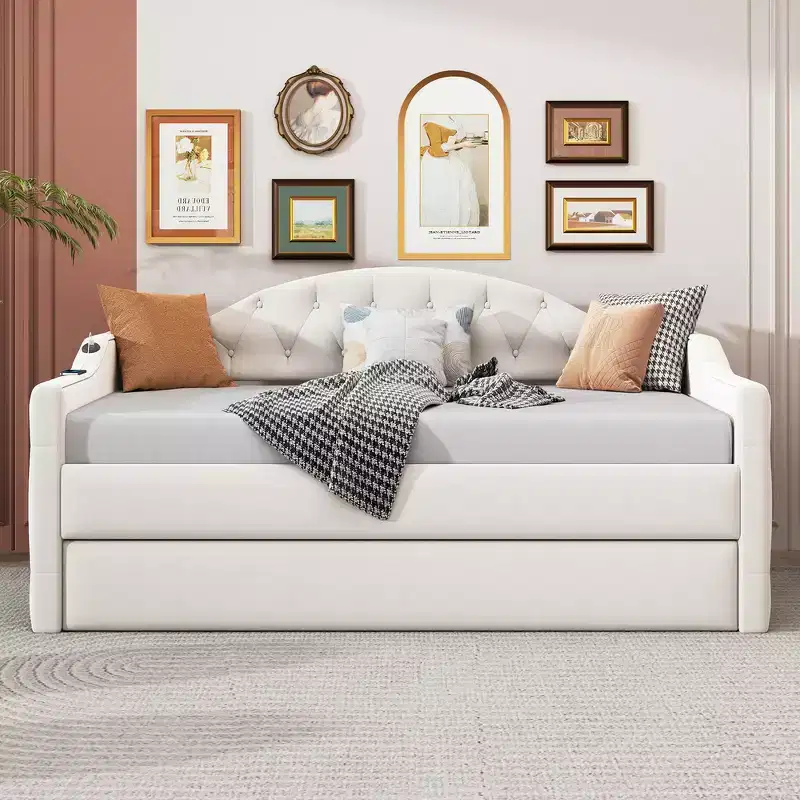 Twin Upholstered Daybed with Trundle, Velvet Sofa Bed with USB Charging Ports