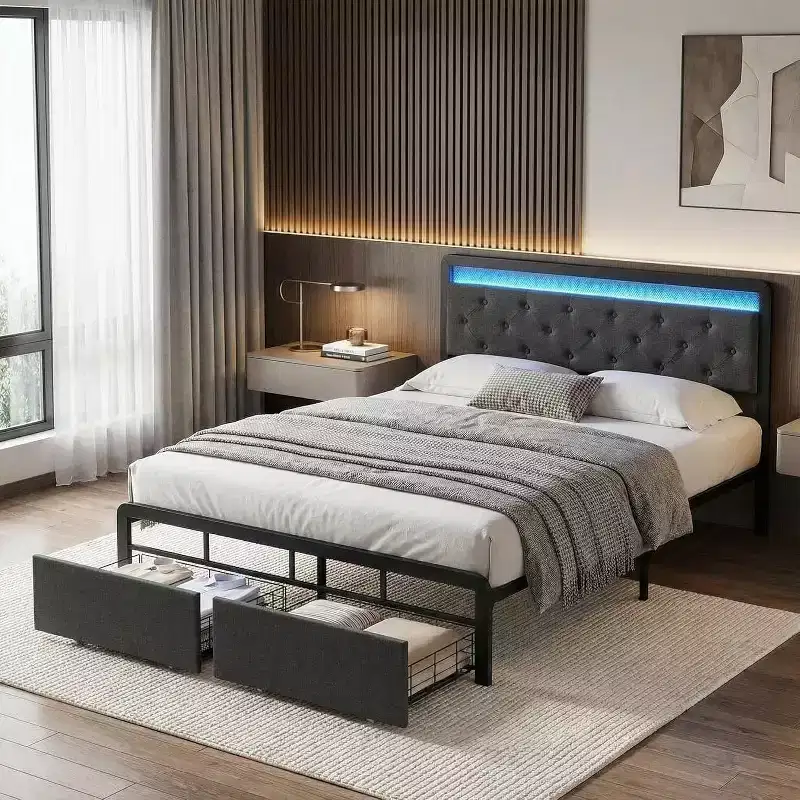 Garvee Queen/FULL Bed Frame with 2 Storage Drawers, LED Lights Upholstered Platform Bed with Heavy Duty Metal Slats, No Box Spring Needed, Noise Free