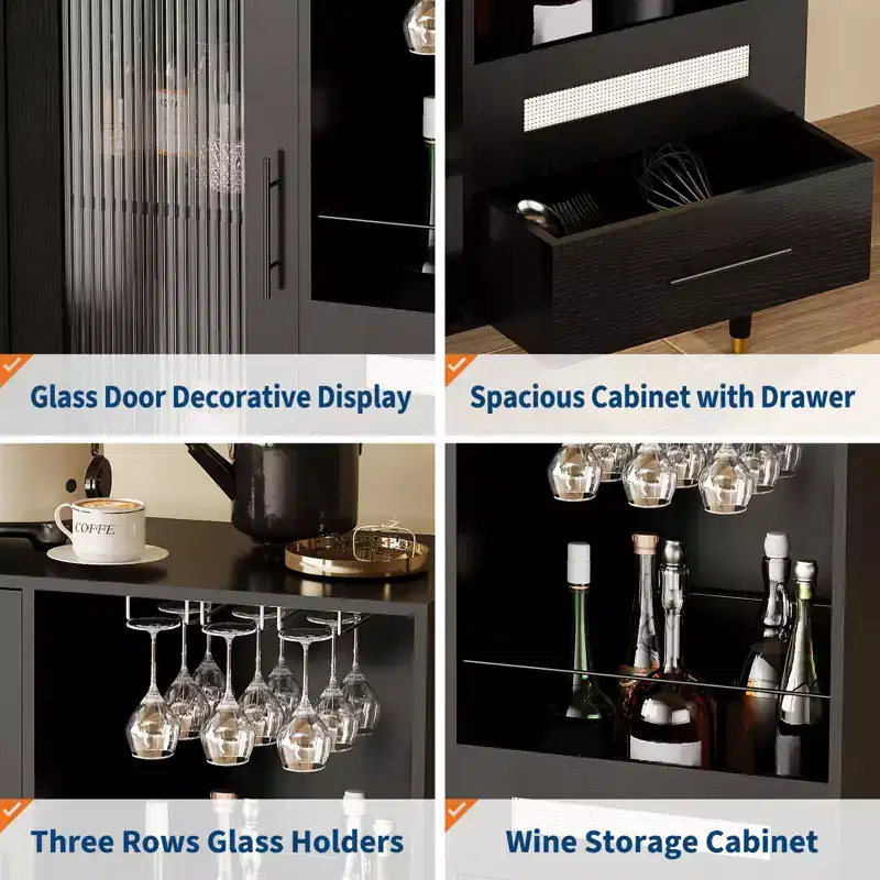 Wine cabinets, with glass doors, wine cup holders, drawers, and ample storage space - suitable for homes, kitchens, dining rooms, and living rooms
