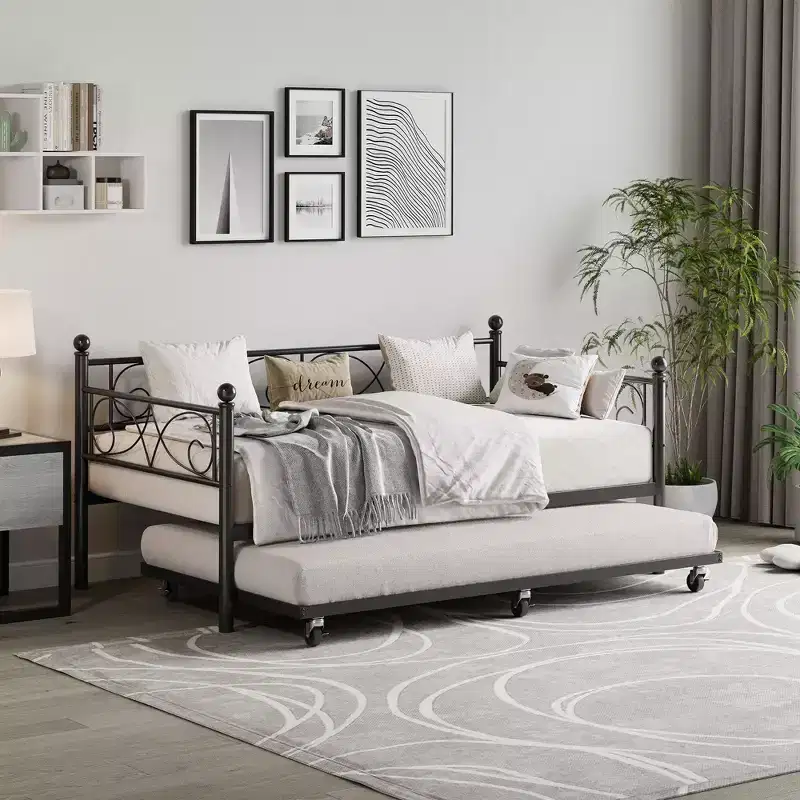 Twin Size Metal Daybed with Trundle, Floral Headboard and Heavy Duty Steel Slat Support