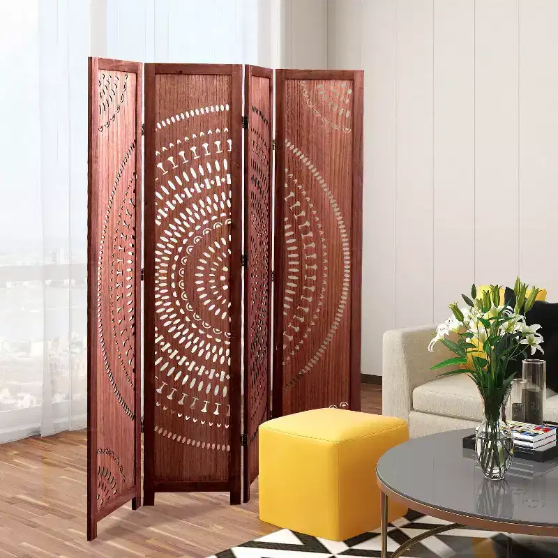 MAYEERTY 4 Panel Solid Wood Folding Room Divider Brown for Home Office