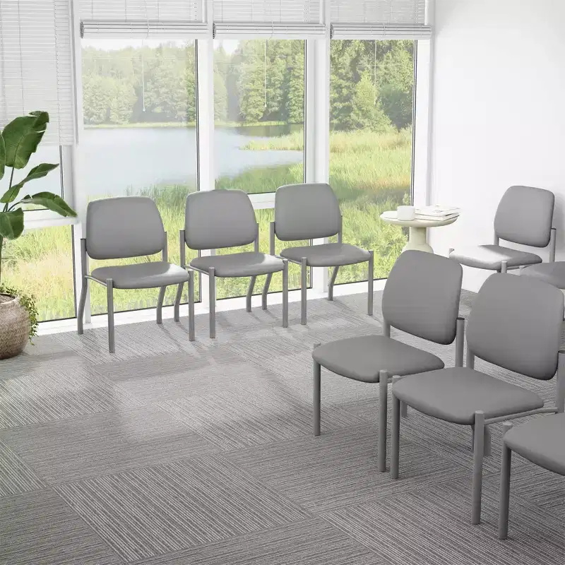 Armless Guest Chair Gray, Sturdy Mid Back, Antimicrobial Vinyl, 300 lbs Capacity