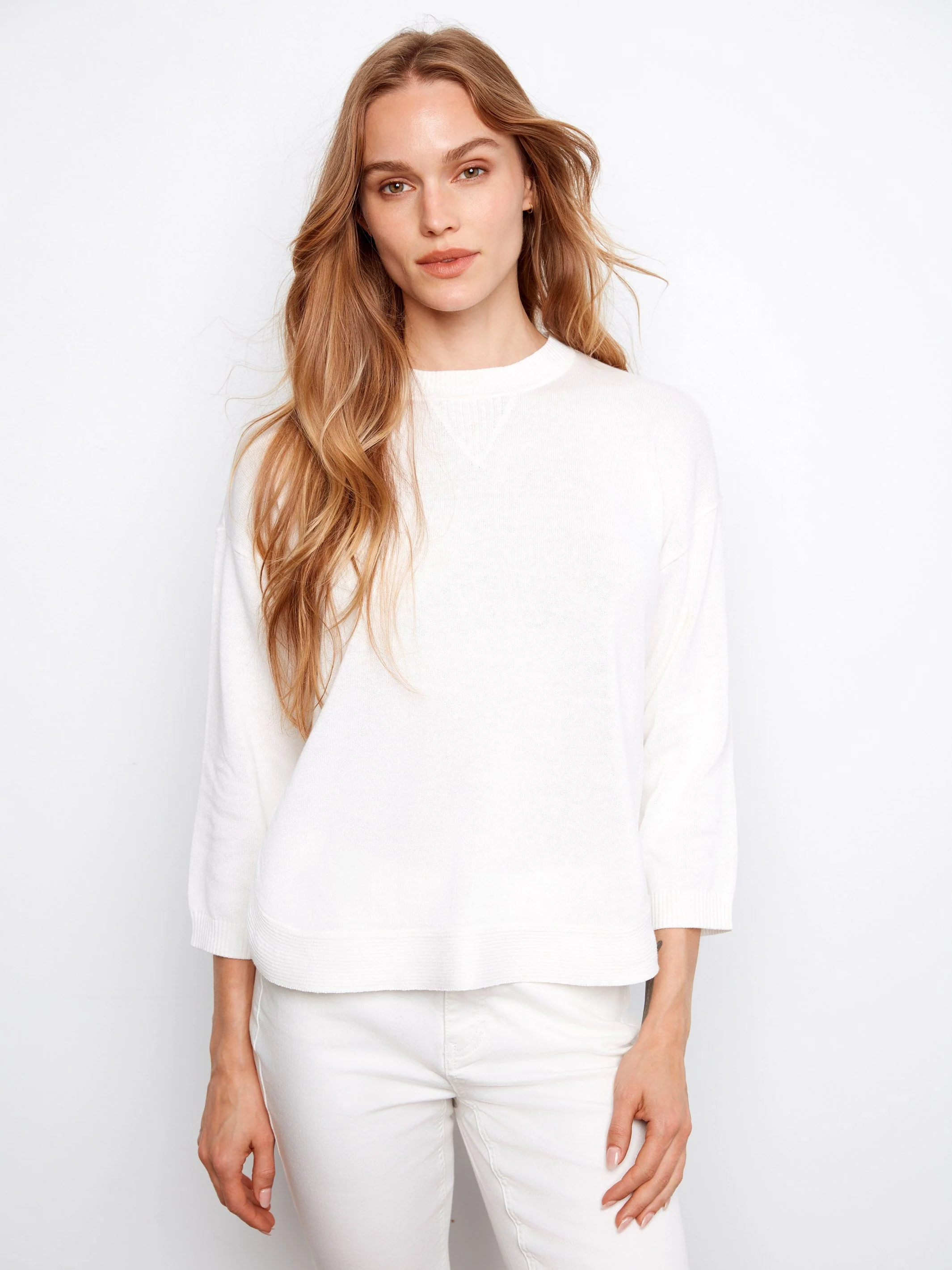 Rounded Hem Cotton Sweater - White
