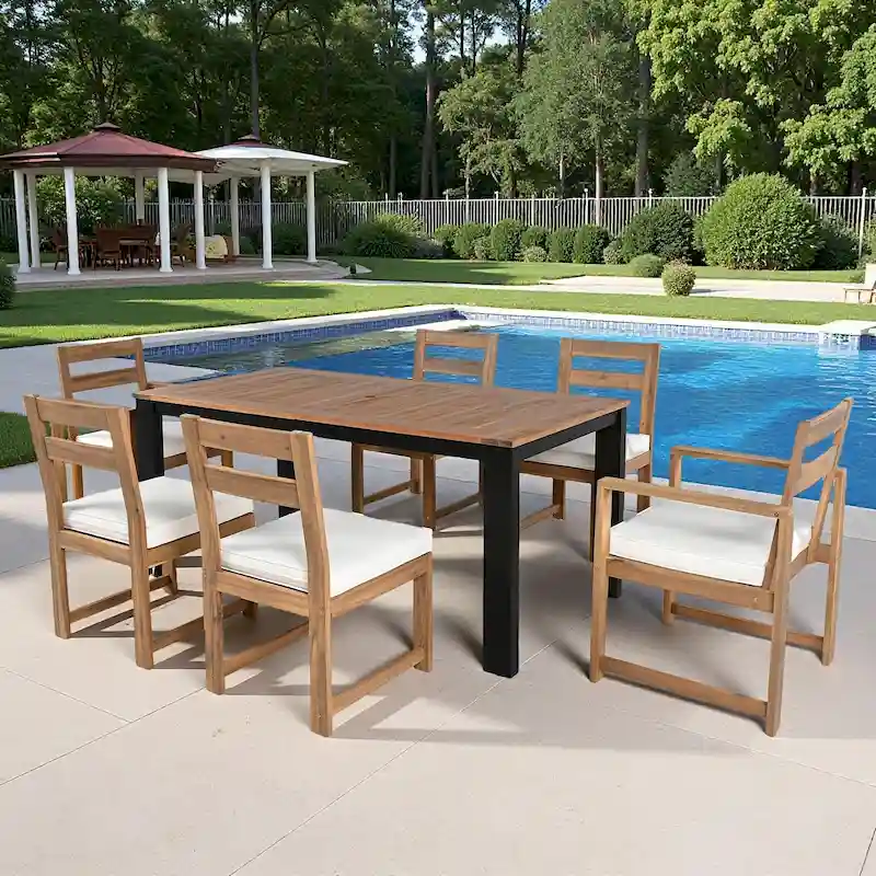 7-Piece Outdoor Patio Acacia Wood Dining Set with Umbrella Hole, 2 Armchairs and 4 Side Chairs