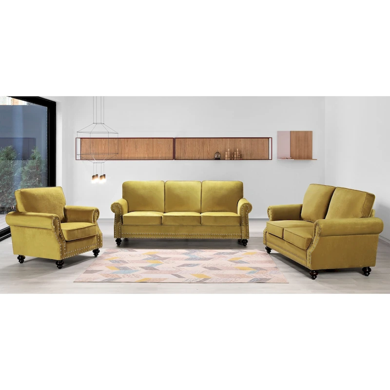 Ramos Nailhead Velvet 3-Piece Set-Loveseat Sofa and Chair