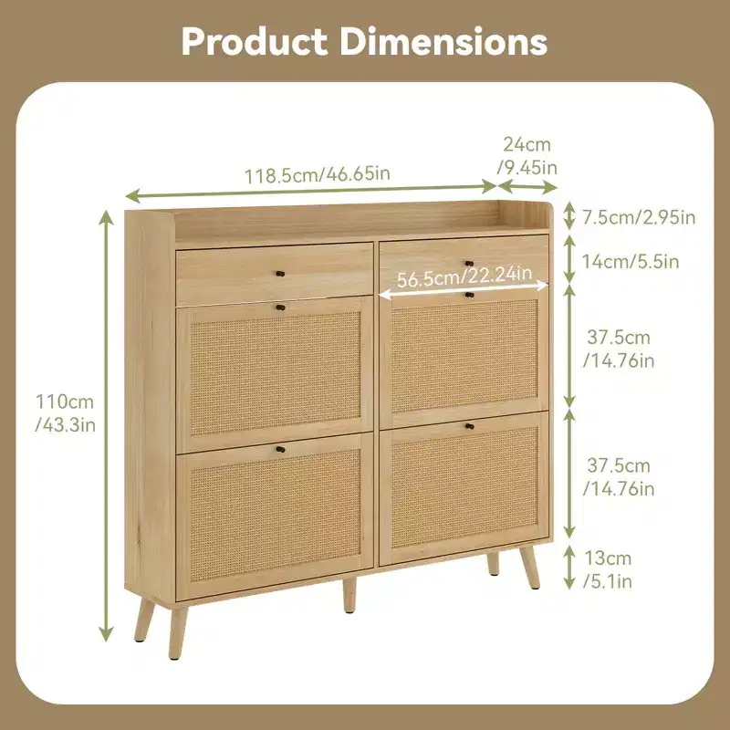 Shoe Storage Cabinet with 4 Flip Drawers, Rattan Freestanding Shoe Organizer, Hidden Slim Shoe Rack Cabinet For Hallway Living Room Apartment