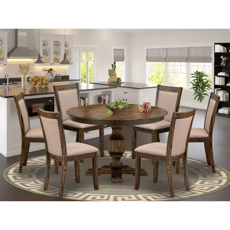 Round Dining Table Set With 6 Chairs Linen Fabric Parsons Style Dining Set