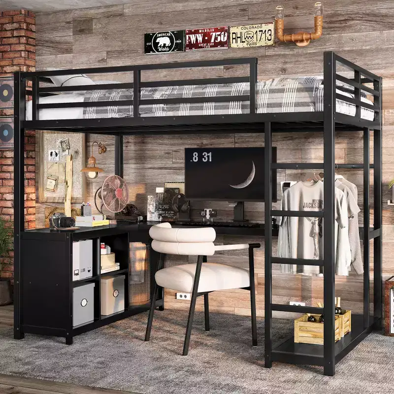 Metal Loft Bed with Wardrobe and L-shaped Desk Twin Size Loft Bed with Storage Cubes and Shelves Loft Bed for Kids Teens Adults Black