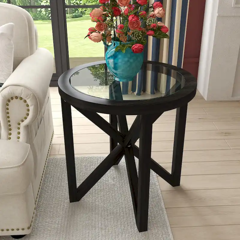 Sleek Glass Coffee Table with Solid Wood Base