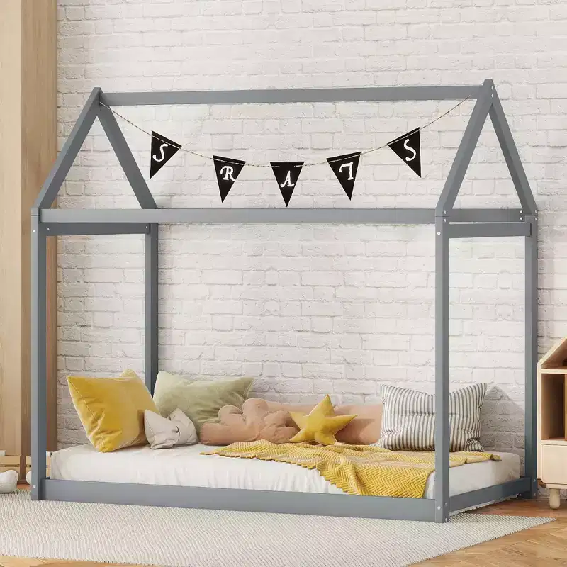 Twin Size House-Shaped Roof Wooden Bed Frame, Modern Floor Bed for Toddlers/Kids Bedroom