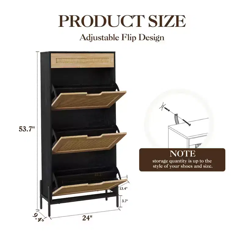 Shoe Cabinet, Shoe Storage with 3 Flip Doors, Natural Rattan Shoe Rack with Adjustable Shelf, 1 Drawer, Shoe Organizer Cabinet for Entryway