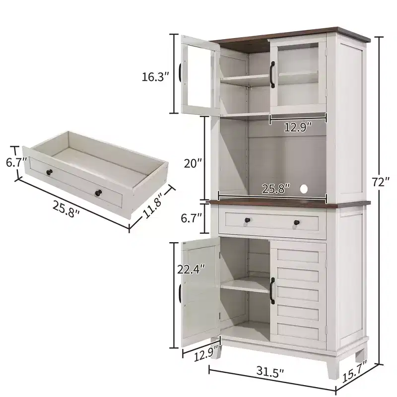 72 Kitchen Pantry Cabinet, Kitchen Bar Cabinet, Semi-Open Storage Cabinet with Drawers, Glass Door, Suitable for Dining Room, Living Room, White