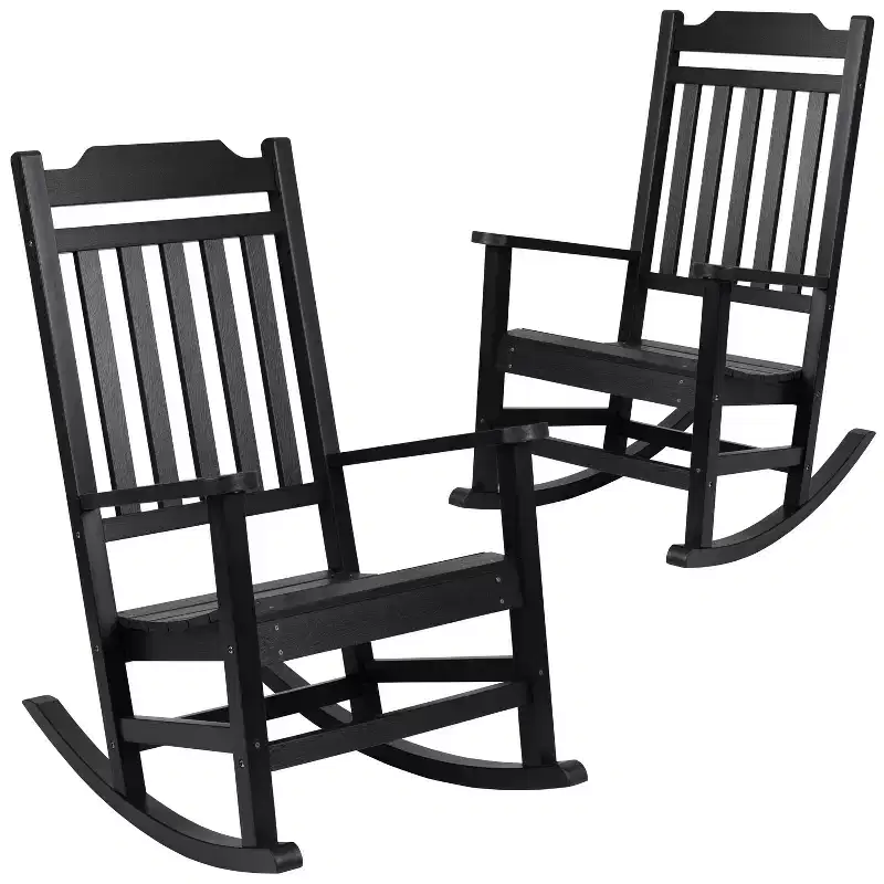 Emma and Oliver Set of 2 All-Weather Poly Resin Faux Wood Rocking Chairs for Porch &Patio