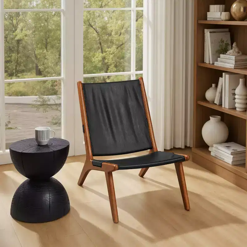 Art Leon Modern Genuine leather Accent Sling Chair with Wood Frame, Armless, Black